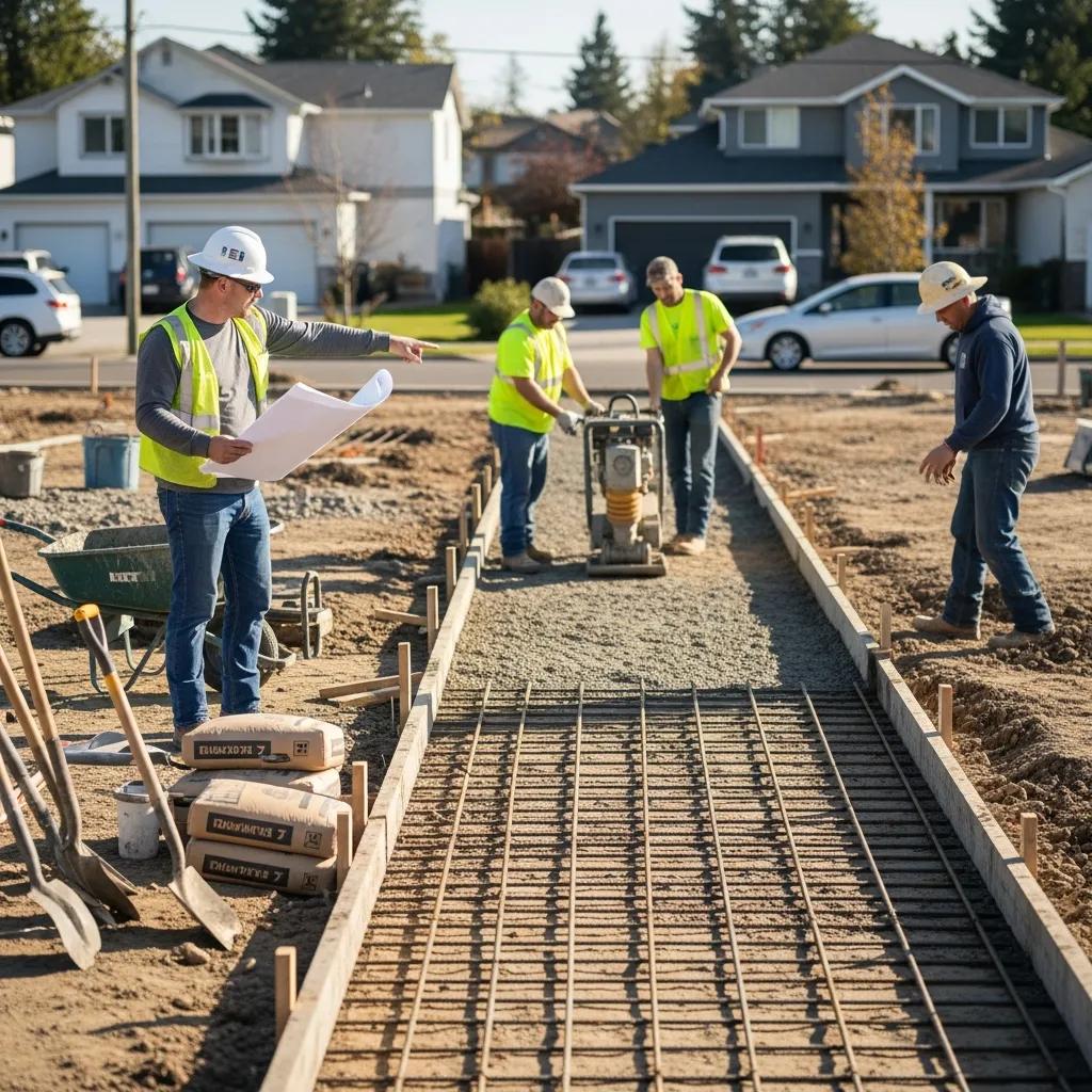 Professional concrete contractors supervising sidewalk installation with reinforcement and equipment in a residential neighborhood, ensuring proper preparation and safety standards.