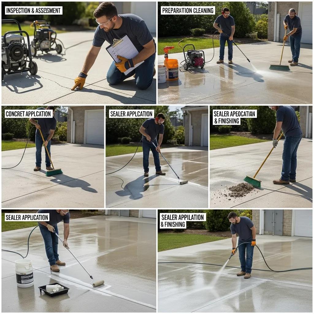 Professional demonstrating the concrete sealing process, including inspection and application steps in Greensboro