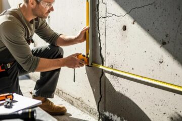 Professional inspecting foundation cracks in a residential setting