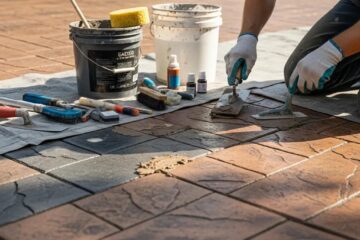 Professional repairing of stamped concrete with tools and materials, showcasing a worker applying techniques for maintenance and restoration in Greensboro, NC.
