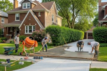 Residential concrete driveway installation in a suburban neighborhood with workers and tools