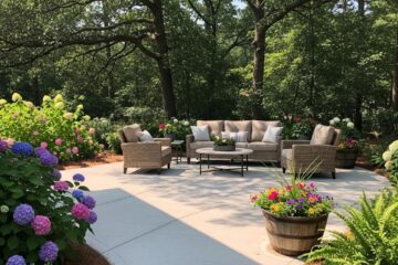 Restored concrete patio in Greensboro, NC featuring a smooth surface, inviting outdoor furniture, and vibrant flower arrangements.