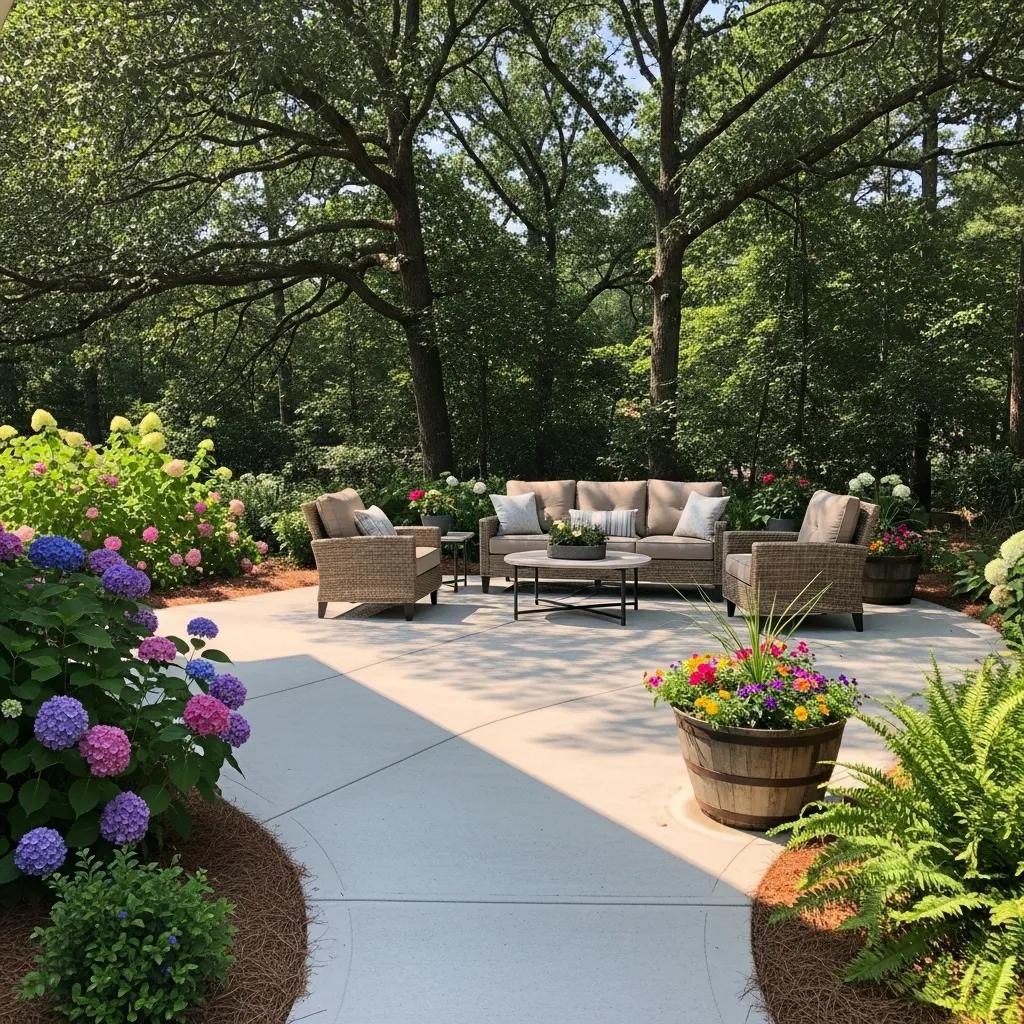 Restored concrete patio in Greensboro, NC featuring smooth surface, inviting outdoor furniture, and vibrant flower arrangements.