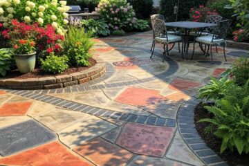 Restored stamped concrete patio in Greensboro, NC, showcasing vibrant colors and intricate patterns