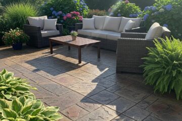 Resurfaced concrete patio in Greensboro, NC with decorative stamped overlay, outdoor furniture, and vibrant landscaping.