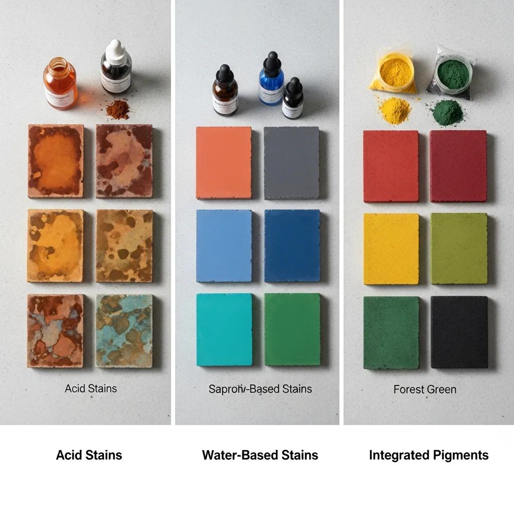 Samples of concrete coloring methods: acid stains, water-based stains, and integrated pigments displayed on a surface, showcasing various colors and textures relevant to Greensboro concrete projects.