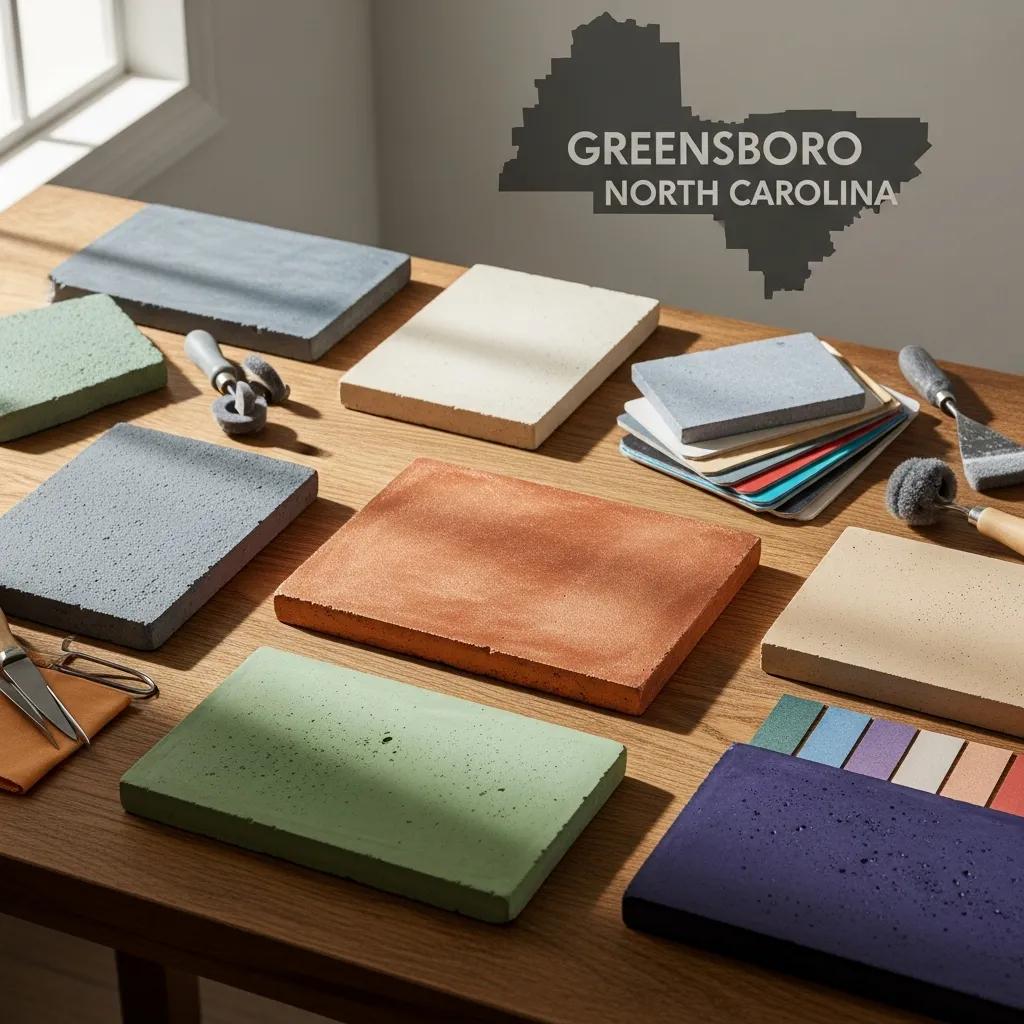 Selection of custom-stained concrete samples in various colors and finishes
