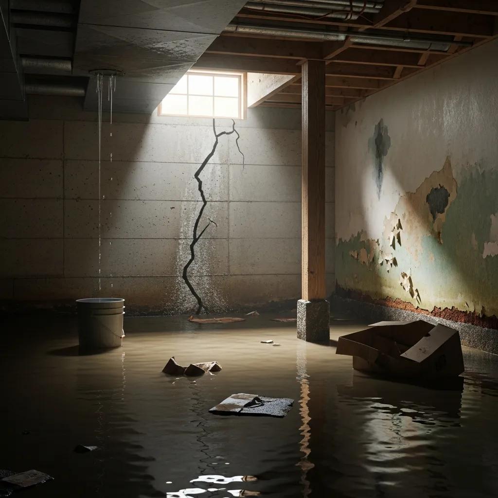 Signs of water damage in a Greensboro property, including flooding and foundation issues