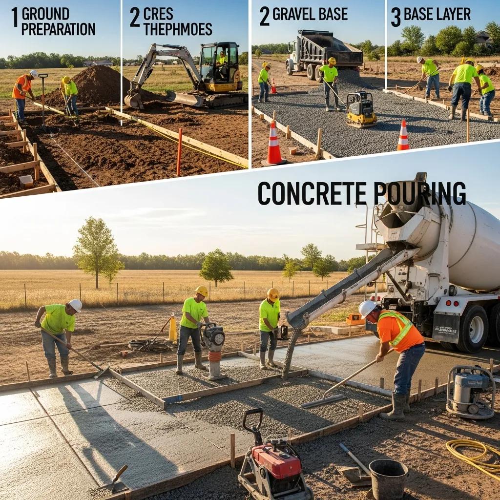 Stages of concrete driveway installation with workers and equipment
