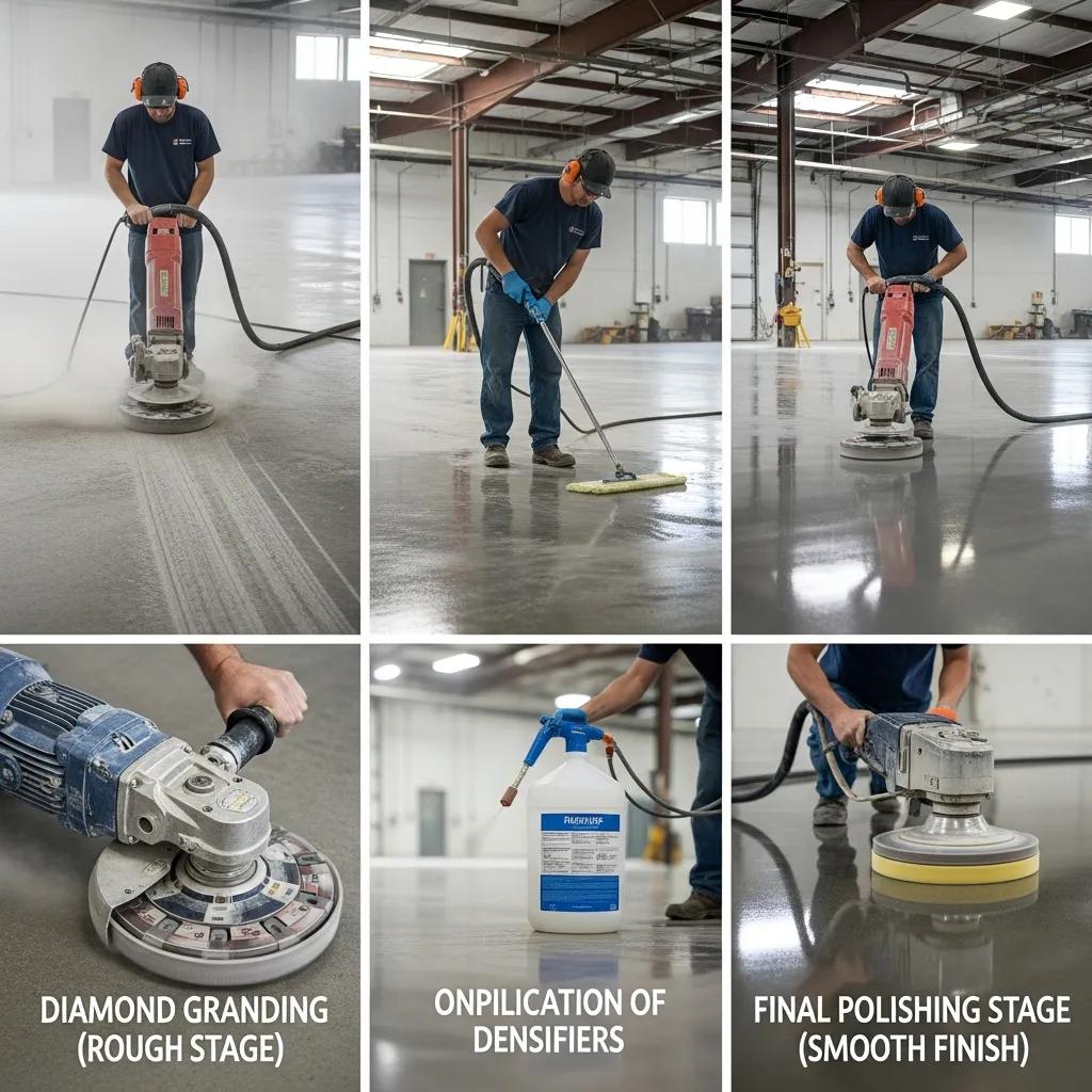 Stages of the concrete polishing process showing grinding and polishing tools in action