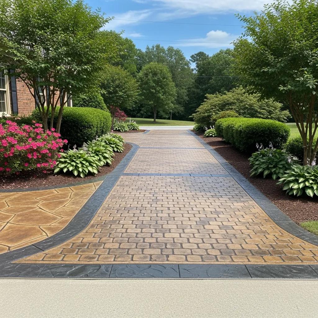 Stamped concrete driveway in Greensboro, NC, featuring decorative patterns, lush landscaping, and vibrant flowers.