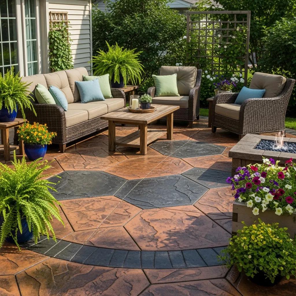 Stamped concrete patio enhancing outdoor aesthetic appeal with decorative designs