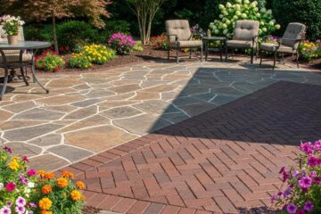 Stamped concrete patio with vibrant landscaping, featuring various patterns and colors, surrounded by flowers and outdoor seating in Greensboro, NC.