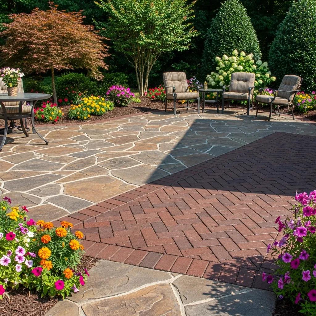Stamped concrete patio with natural stone and herringbone patterns, surrounded by vibrant landscaping and flowers, showcasing outdoor aesthetic appeal for Greensboro homes.