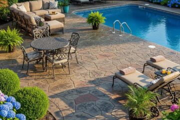 Stamped concrete pool deck with natural stone appearance, vibrant colors, outdoor seating area, lounging chairs, and swimming pool in Greensboro, NC.