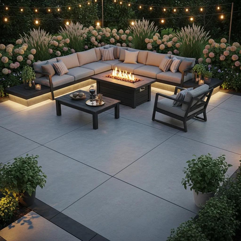 Stylish concrete patio designed for outdoor living in Hamilton Lakes, featuring comfortable seating, a firepit, and lush landscaping with decorative lighting.