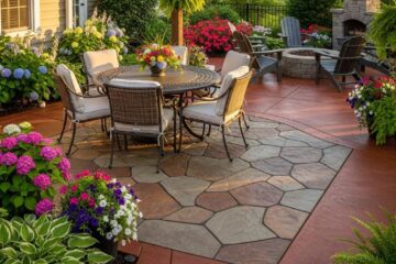 Stylish concrete patio in Greensboro with outdoor furniture and greenery