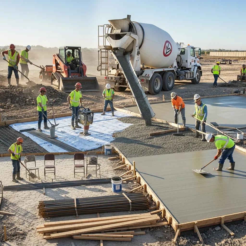 Team of workers installing a concrete slab on a construction site in Greensboro, showcasing teamwork and the concrete pouring process.