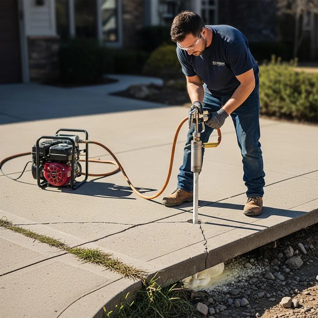 Technician performing polyjacking to level a sunken concrete driveway, showcasing concrete repair solutions in Greensboro.
