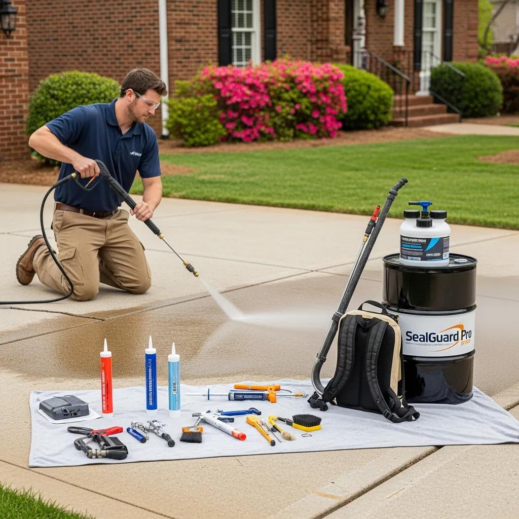 Technician preparing a concrete surface for sealing, illustrating the professional sealing process in Greensboro