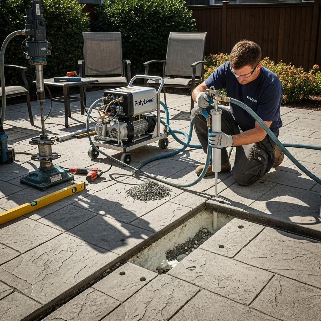 Technician using PolyLevel injection system for patio slab leveling