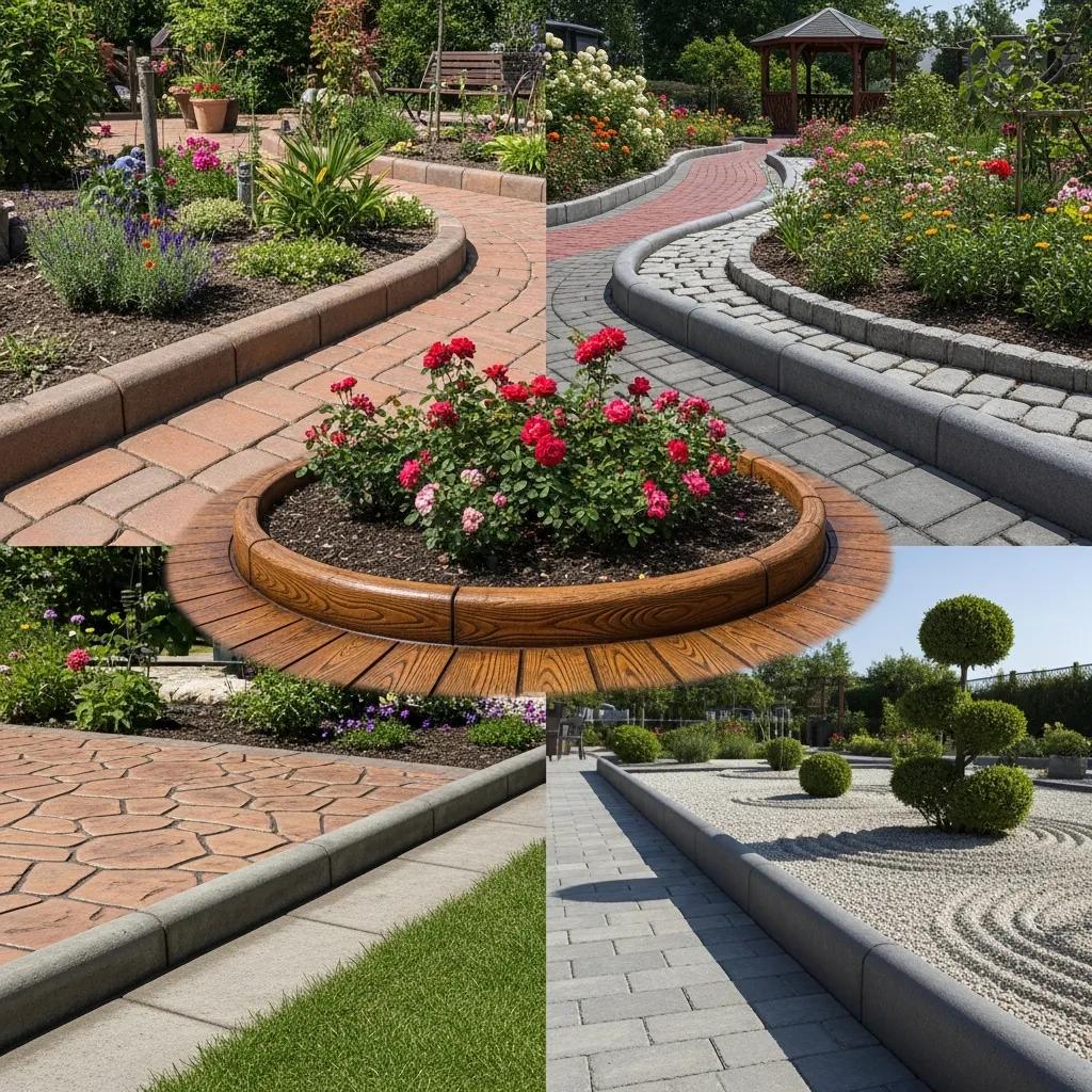 Variety of decorative concrete curbing designs in a Greensboro garden setting