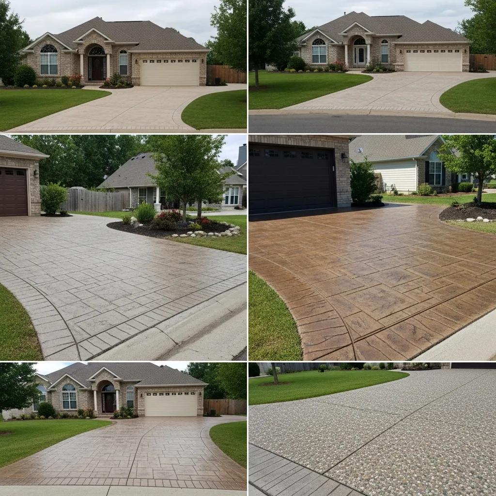 Variety of decorative concrete driveway styles including stamped and colored finishes