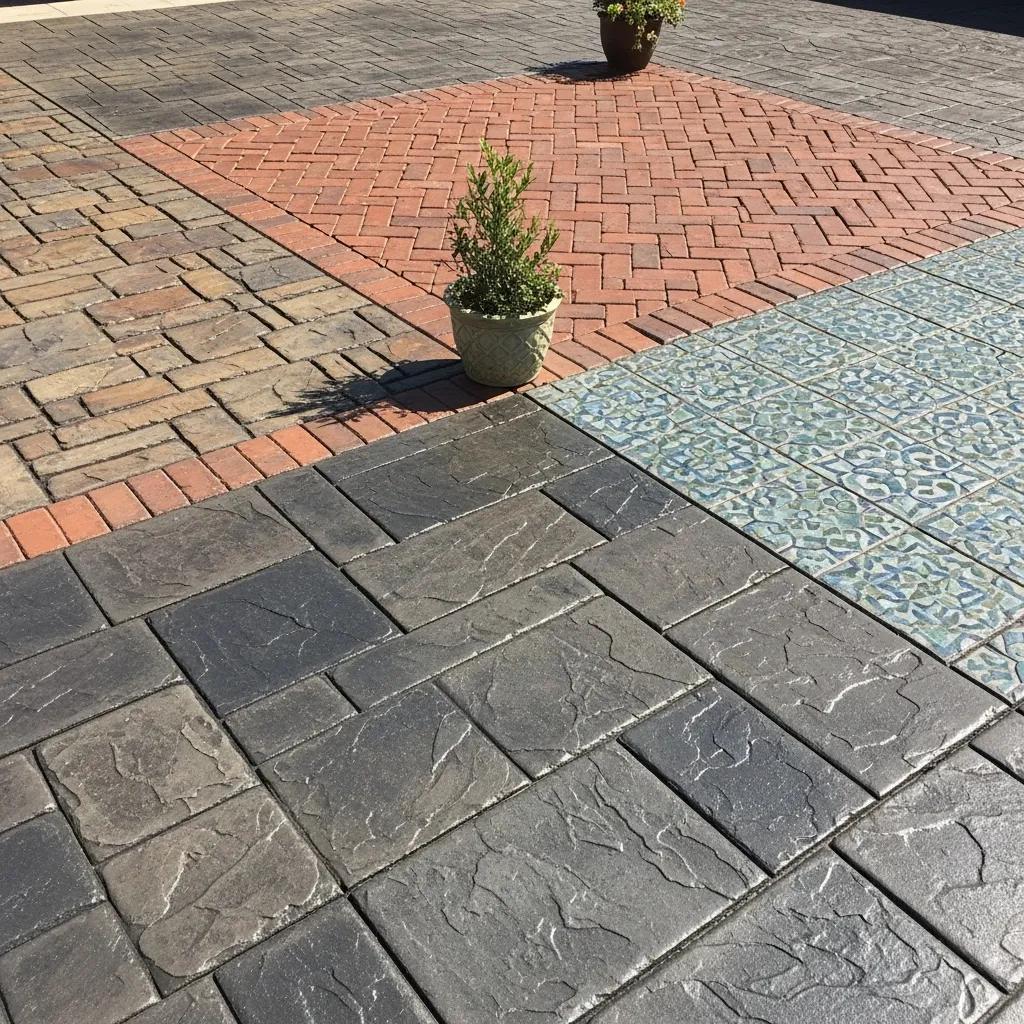 Variety of stamped concrete patterns showcasing aesthetic versatility for residential outdoor spaces