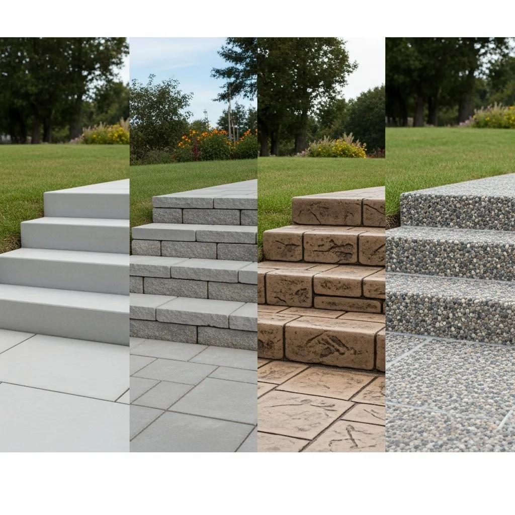 Various types of concrete steps including poured, precast, stamped, and exposed aggregate in an outdoor setting