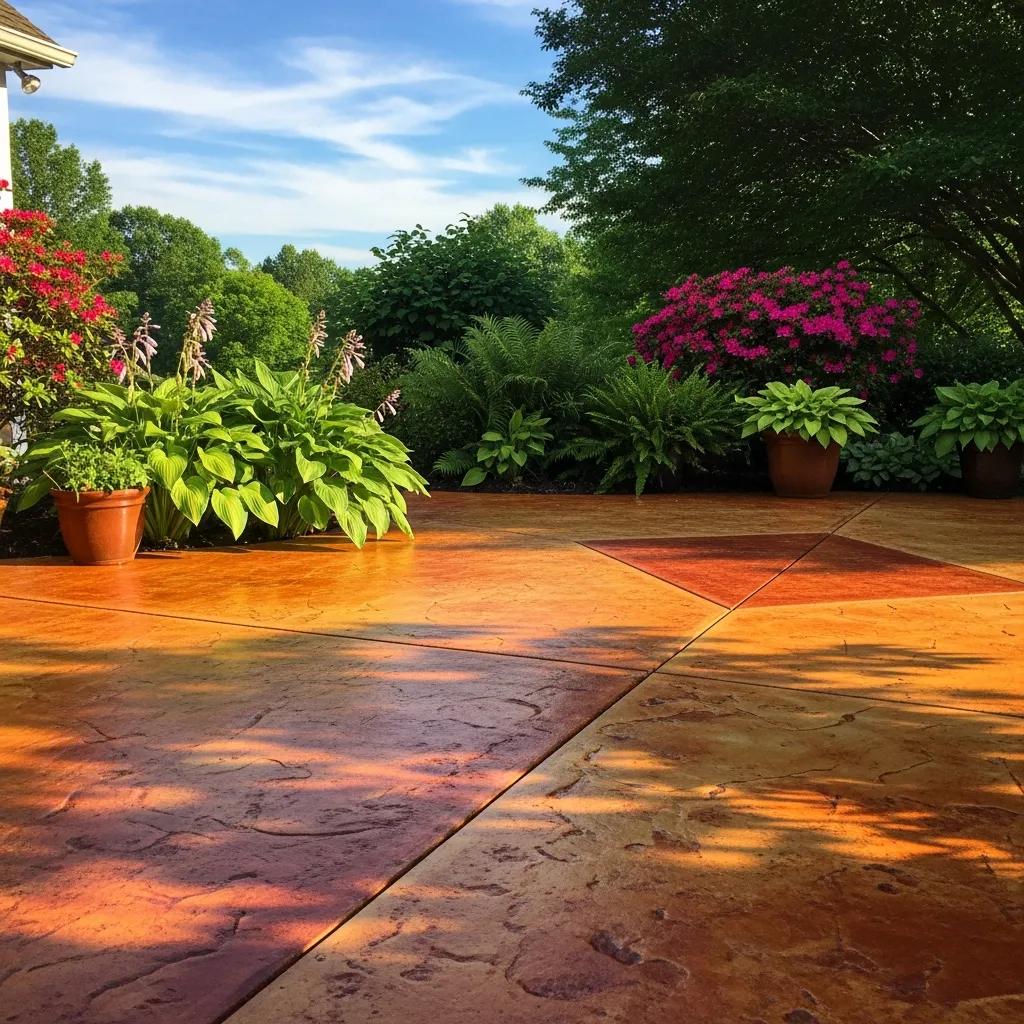 Vibrant colored concrete patio in Greensboro showcasing integrated pigments, surrounded by lush greenery and flowering plants.