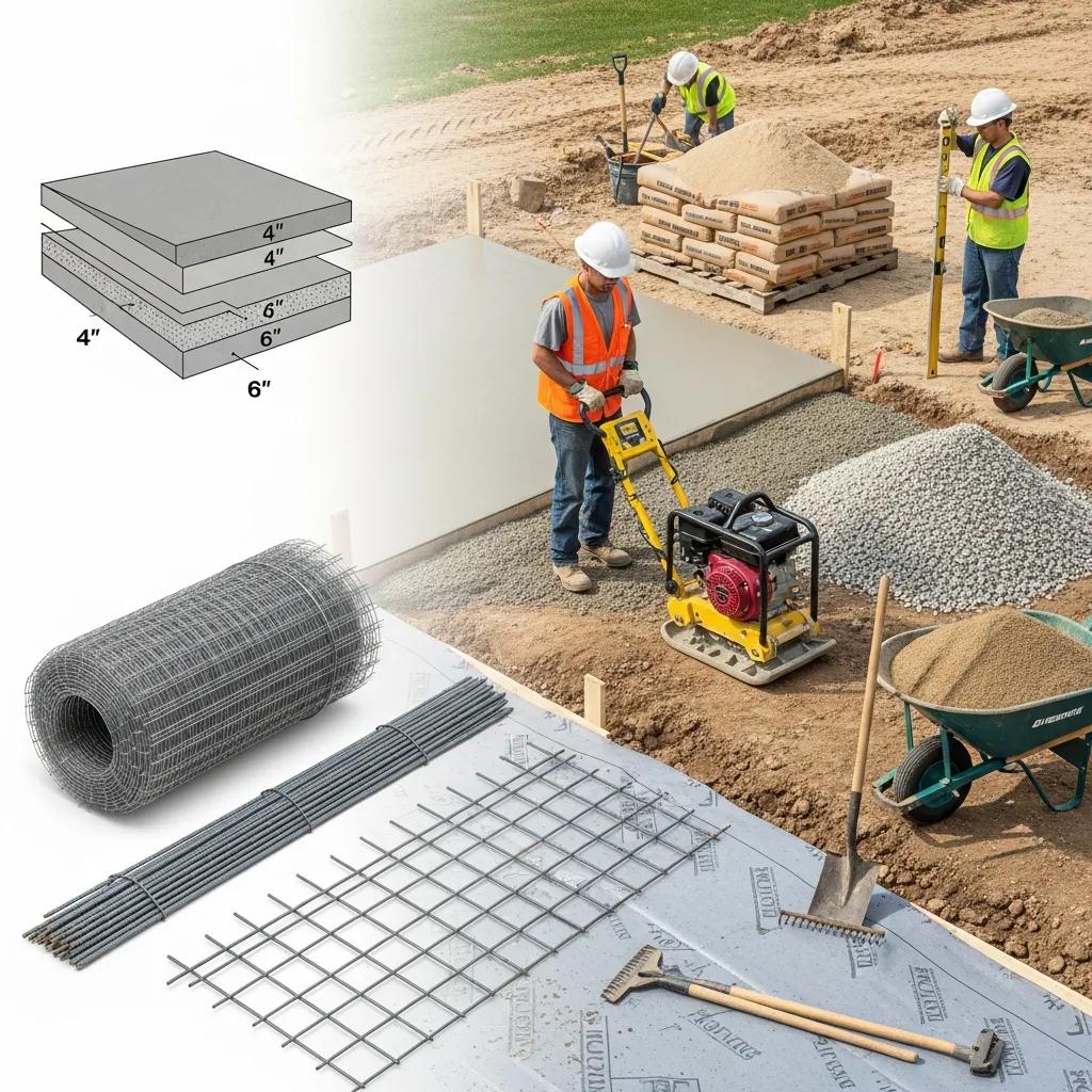 Visual representation of cost influencers for concrete garage slabs, including thickness, reinforcement materials, and site preparation tools