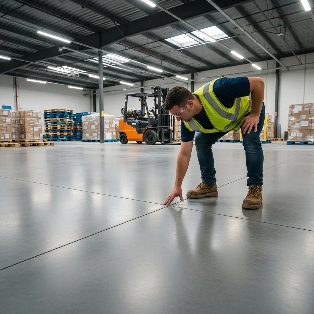 Worker inspecting a concrete surface for flatness and trip hazards in a warehouse setting, emphasizing safety and durability in concrete preparation.