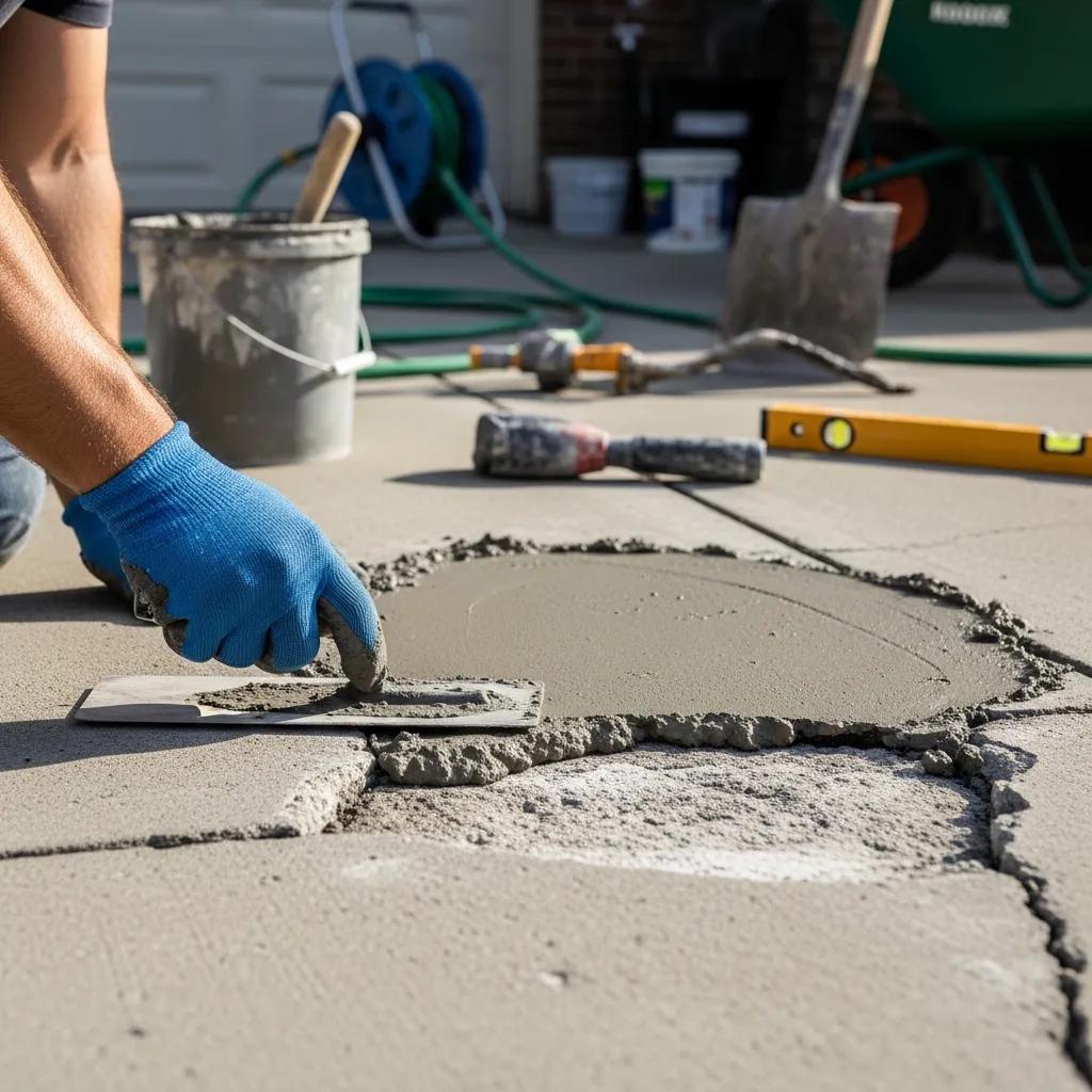 Worker applying a polymer-modified patch to a damaged concrete driveway