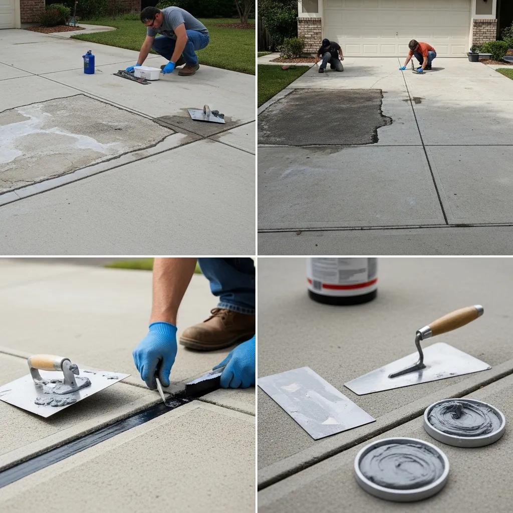Worker applying crack sealant on a concrete driveway, illustrating typical repair methods and costs