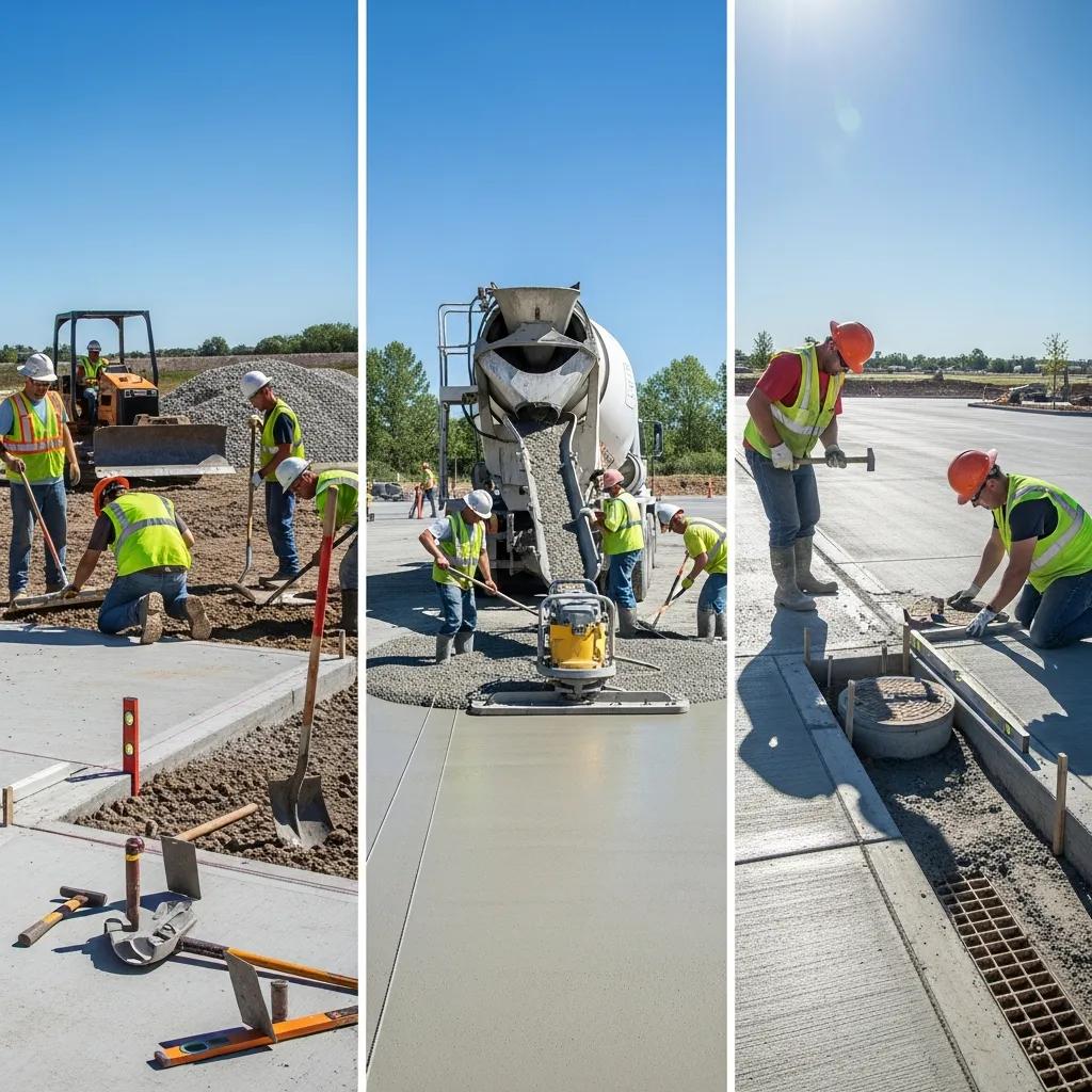 Workers constructing a concrete parking lot in Greensboro, using machinery and tools for site preparation, concrete pouring, and finishing processes.