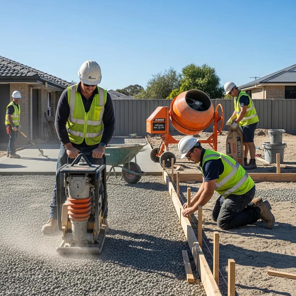 Workers installing a concrete driveway, showcasing tools and preparation steps