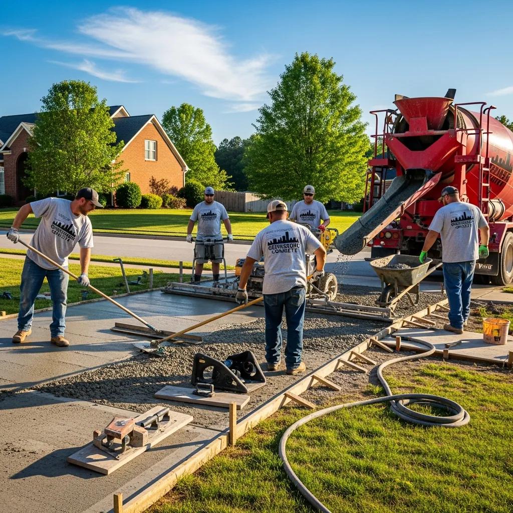 Professional concrete contractor team pouring concrete in Greensboro NC
